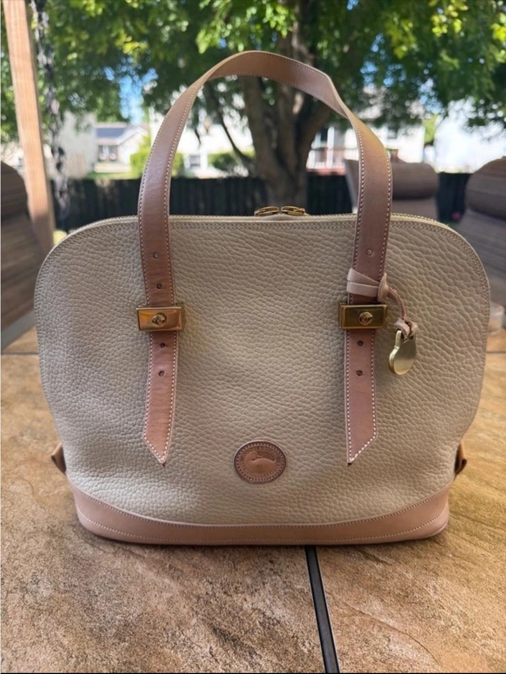 Dooney & Bourke Cream Pebble Leather Satchel with Tan Trim